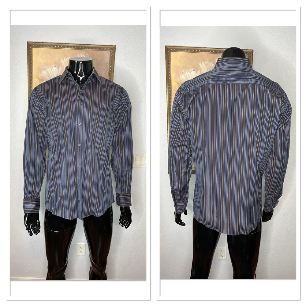 Bugatchi UOMO Men’s Striped 100% Cotton Dress Shirt Sz L Blue & Charcoal